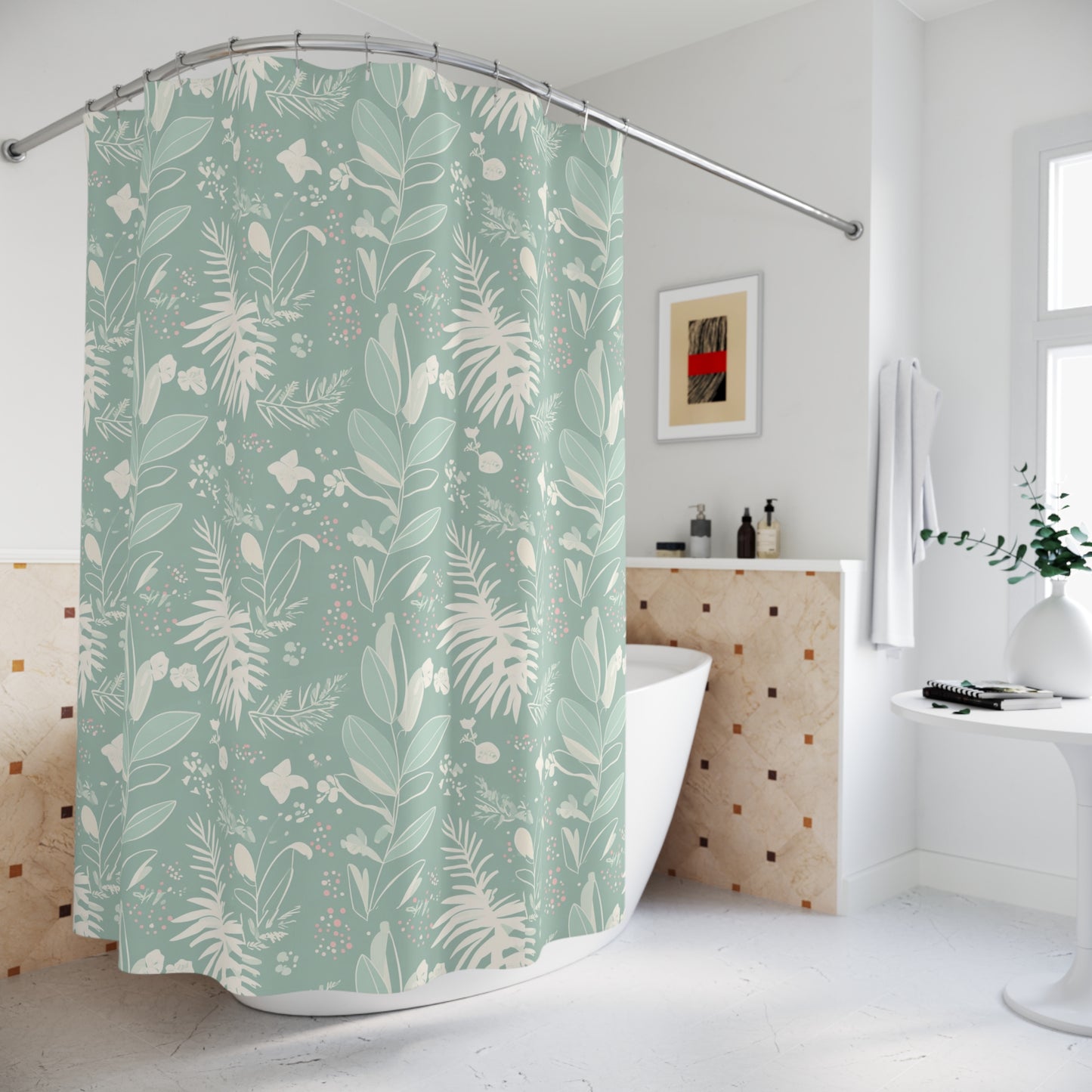 Botanical Leaf Shower Curtain — Mint Green Floral Bathroom Decor