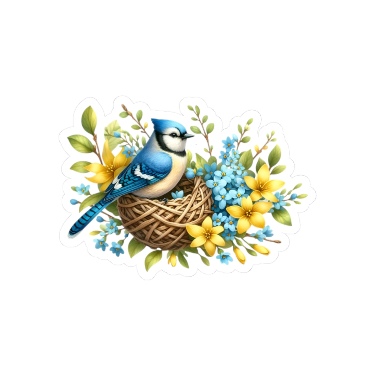 Blue Jay Nest Sticker — Floral Bird Kiss-Cut Vinyl Decal