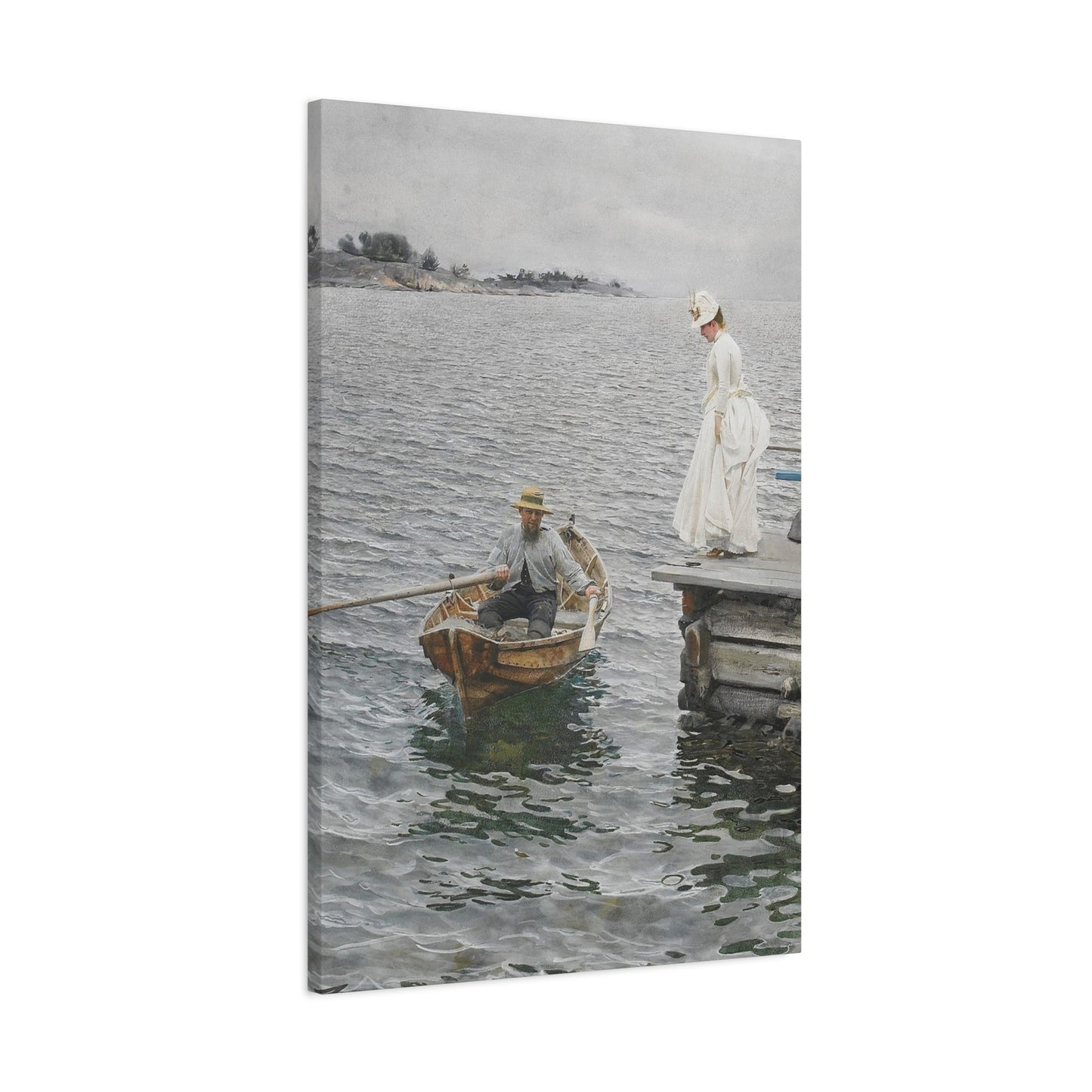 Seaside Stroll Canvas Print — Vintage Woman & Rowboat Matte Stretched Art 1.25"