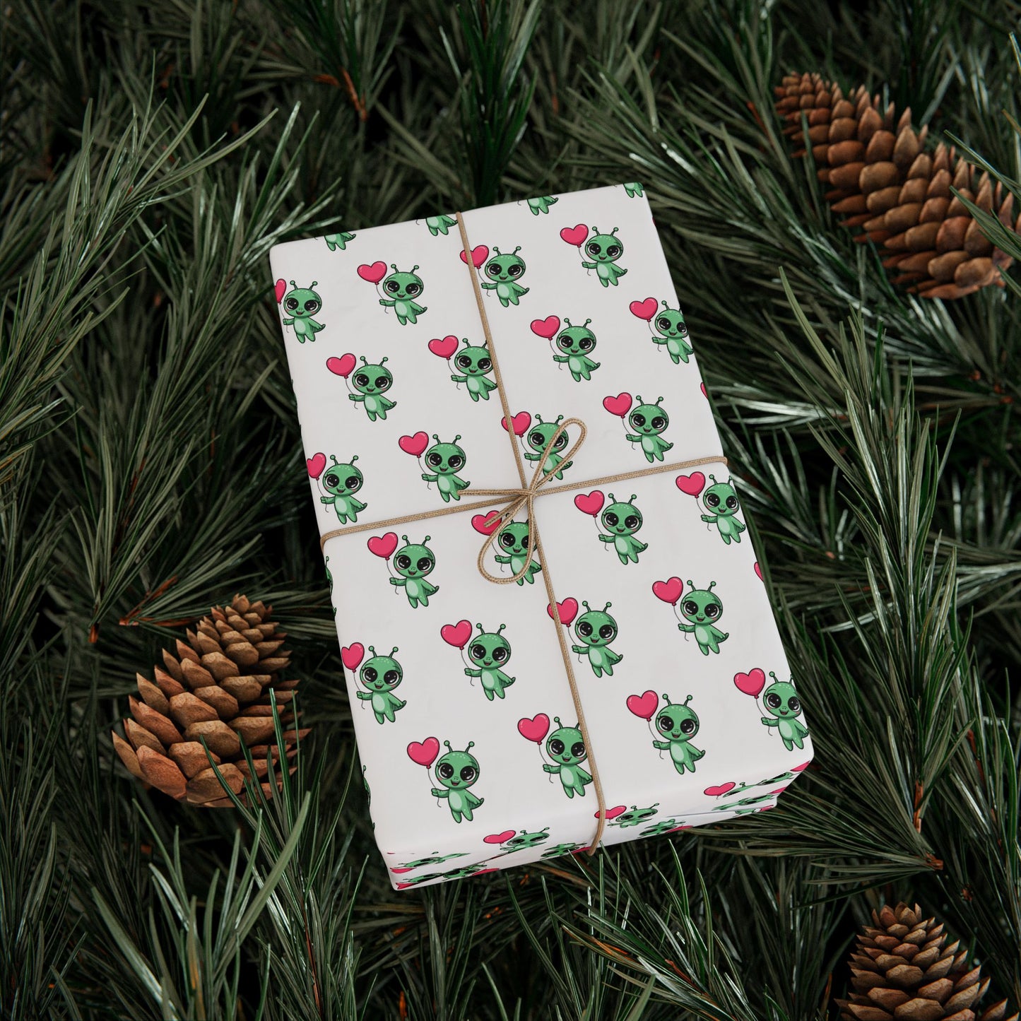 Wrapping Paper – Cute Green Alien with Pink Heart Pattern, Cute Gift Wrap for Kids & Baby Showers