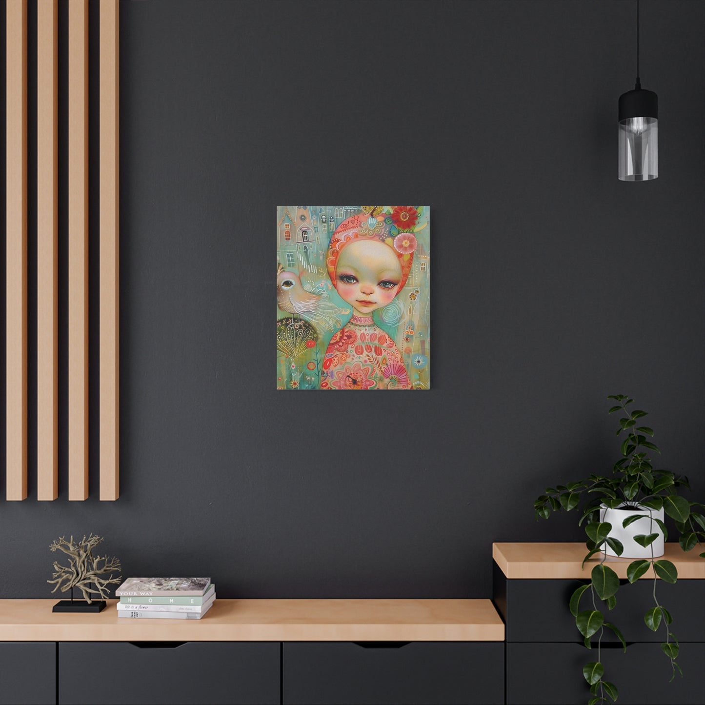 Whimsical Girl & Bird Matte Canvas Wall Art — Stretched Decorative Painting