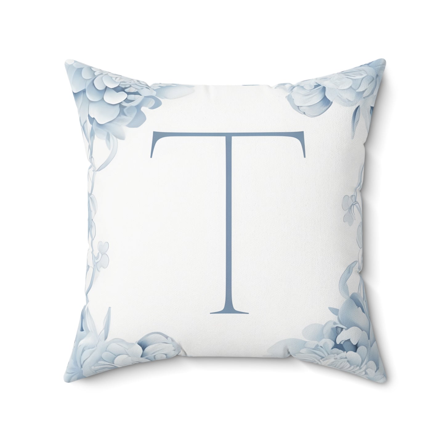 Monogram Pillow — Blue Floral Initial 'T' Decorative Throw Pillow