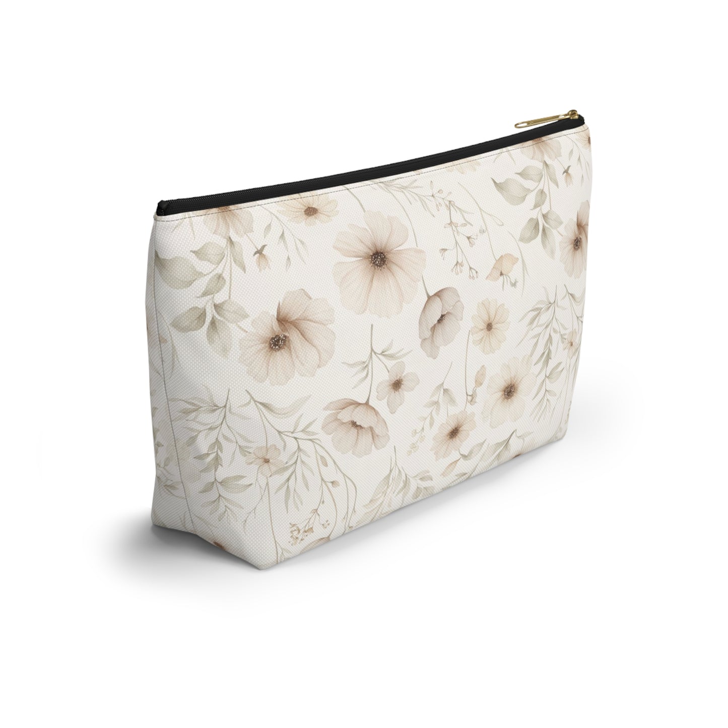 Floral Toile Accessory Pouch — Neutral Vintage Flower Cosmetic Bag