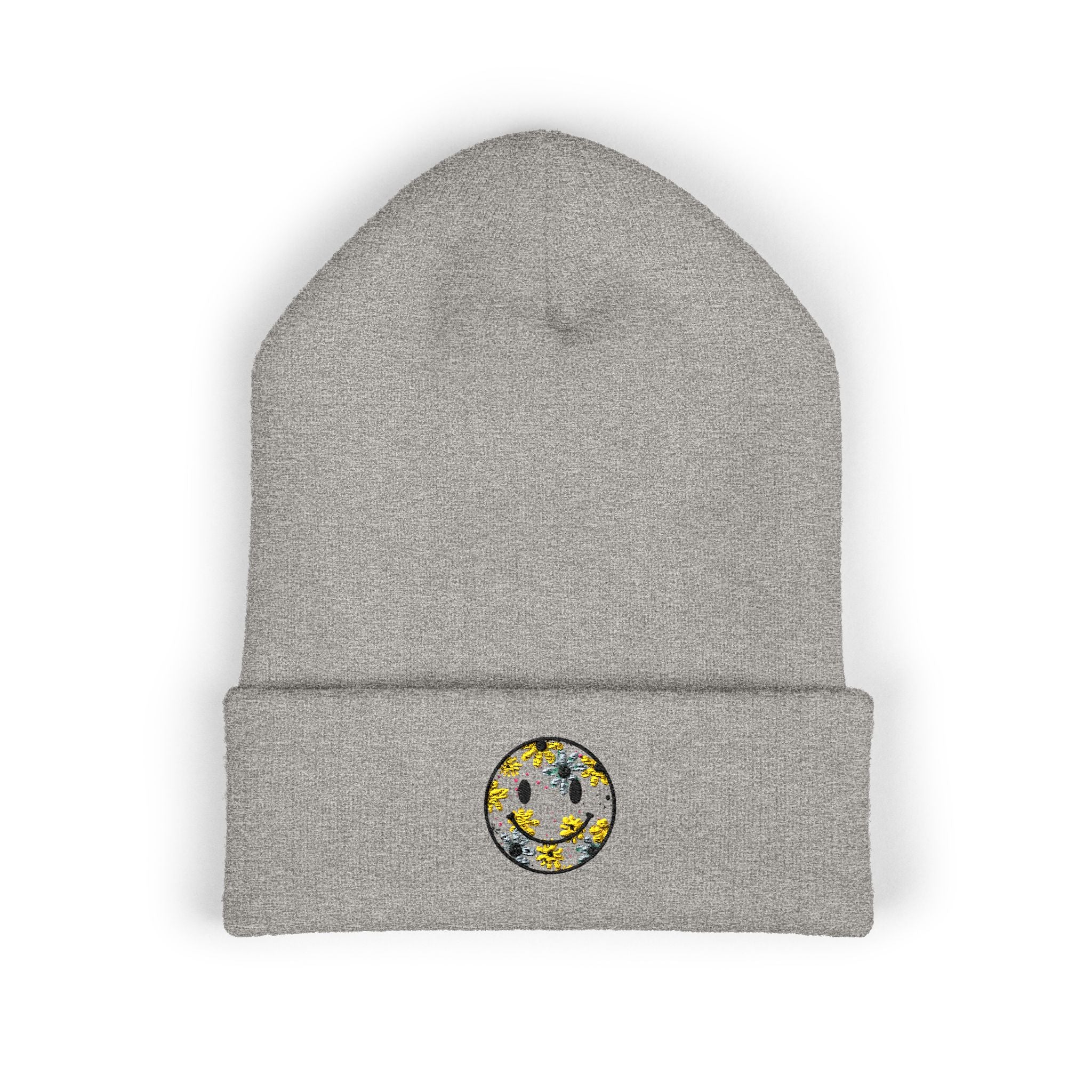 Smiley Daisy Embroidered Beanie — Cute Floral Smile Patch Cuffed Hat