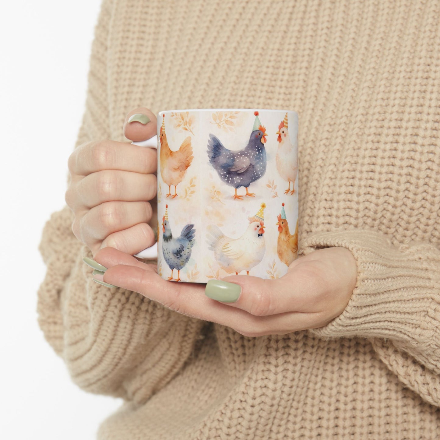 Cute Farm Chicken Mug — Watercolor Hens with Party Hats (11oz, 15oz)