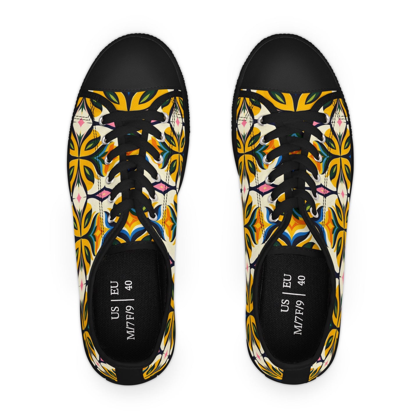 Floral Geometric Low Top Sneakers — Yellow Retro Tile Pattern