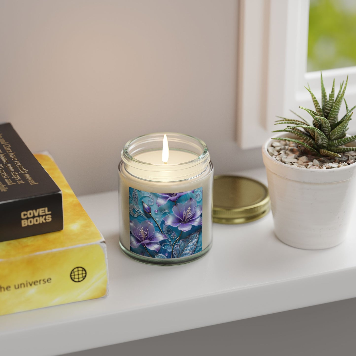 Scented Candle — Coconut Apricot Wax (4oz & 9oz) with Blue Floral Art