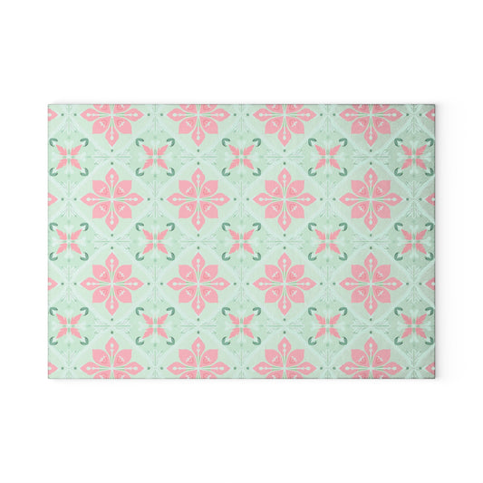 Glass Cutting Board – Pastel Pink & Mint Tile Pattern Kitchen Board