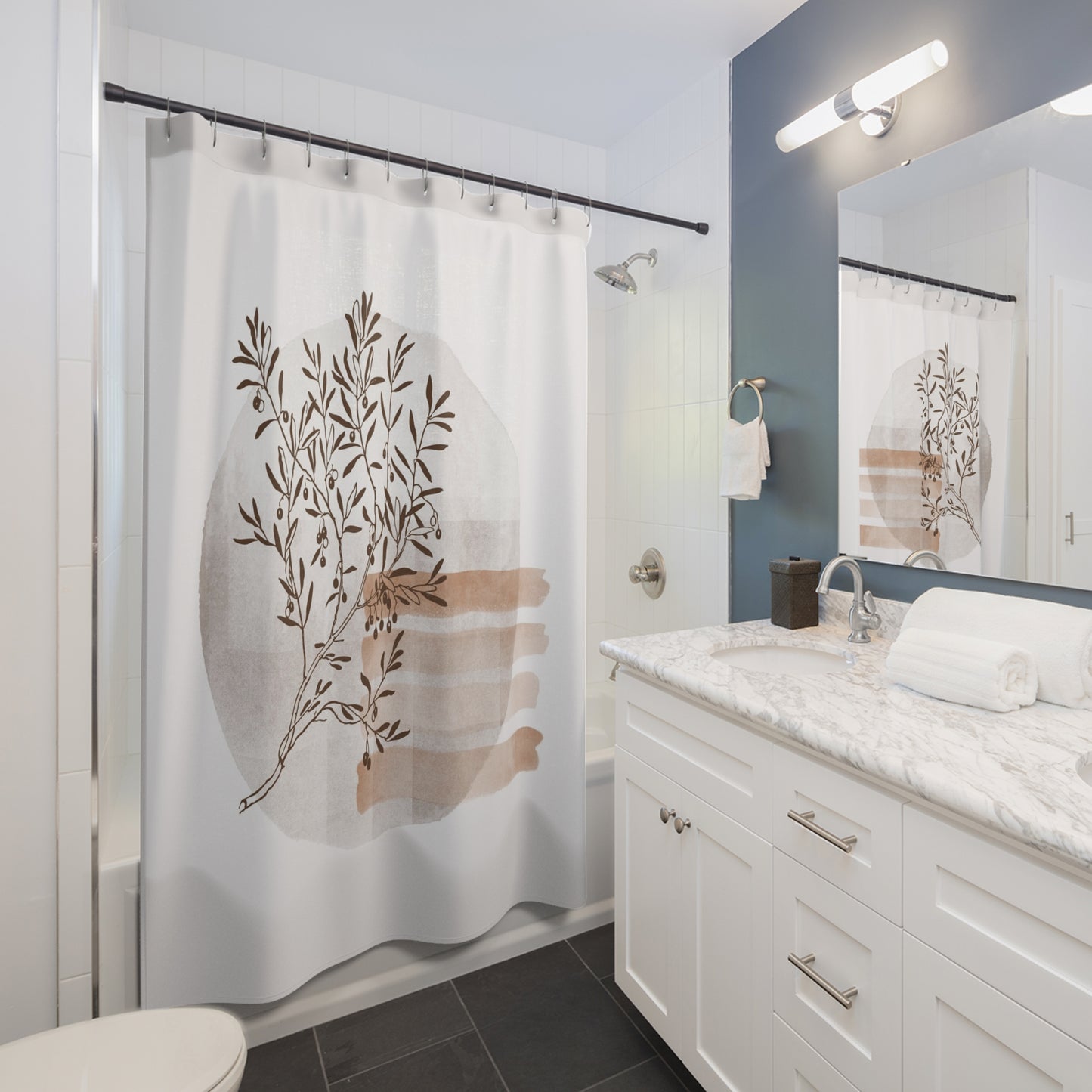 Botanical Neutral Shower Curtain — Minimal Olive Branch Bath Decor
