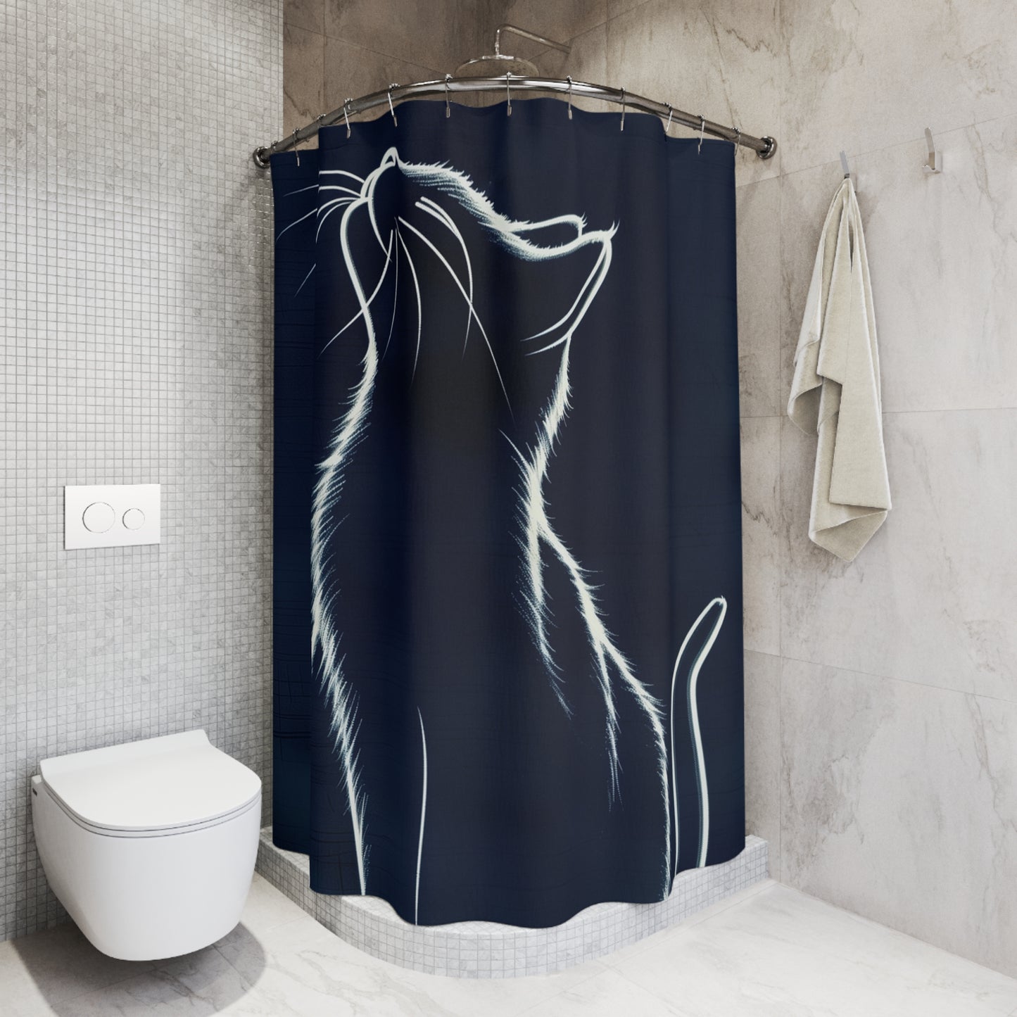 Cat Silhouette Shower Curtain — Minimalist Nighttime Kitty Bathroom Décor