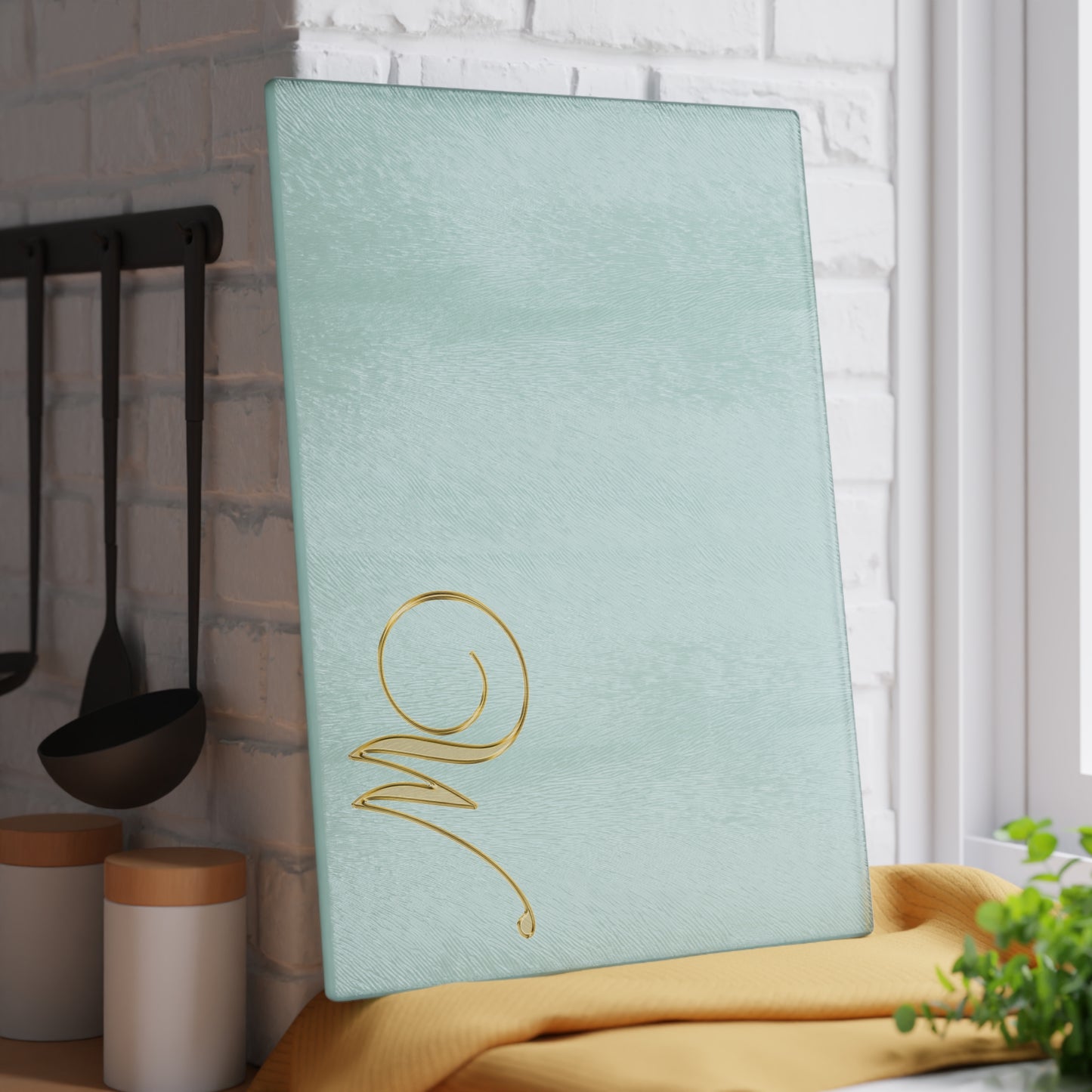 Monogram Glass Cutting Board - Elegant Mint with Gold Script "W"