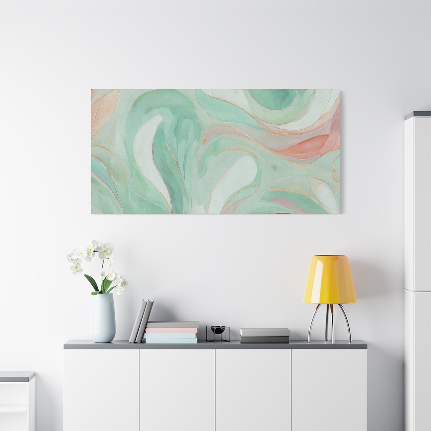 Abstract Green Marble Canvas Print — Teal & Coral Swirl Wall Art