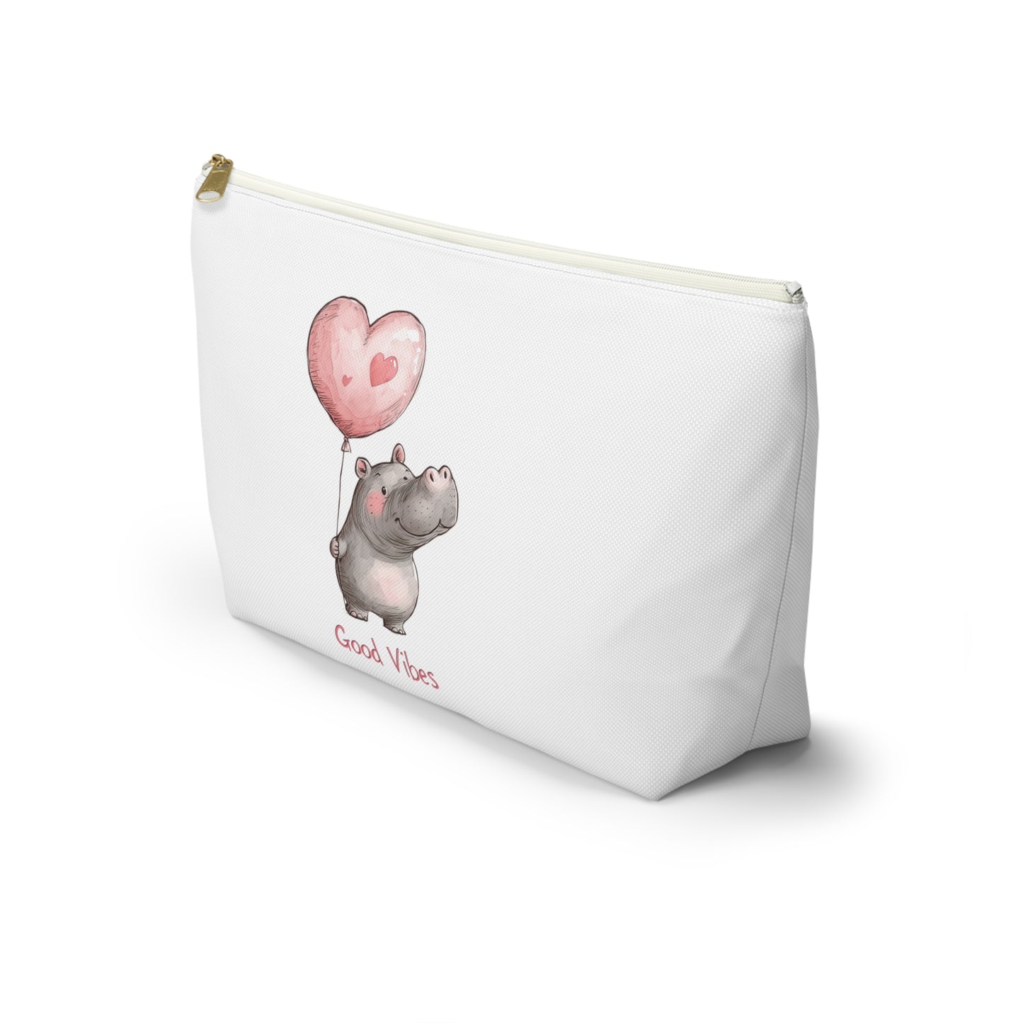 Good Vibes Hippo Accessory Pouch, Cute Makeup Bag, Gift for Animal Lovers, Fun Travel Organizer, Heart Balloon Design