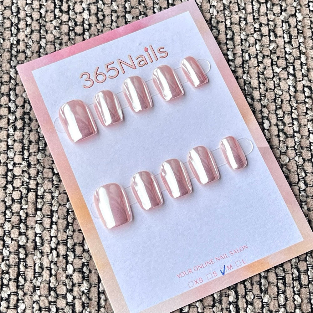 365nails: "Pink Chrome Mirror Nude" – Metallic Mirror Handmade Medium Square Nails – Image 2