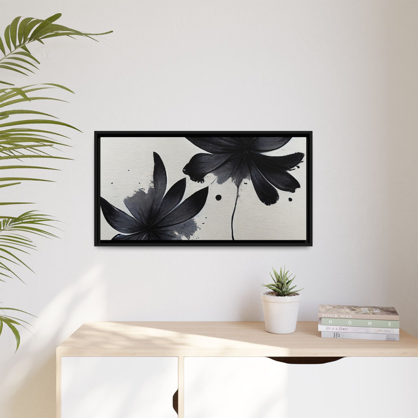 Framed Black Floral Matte Canvas Wall Art — Monochrome Botanical Print