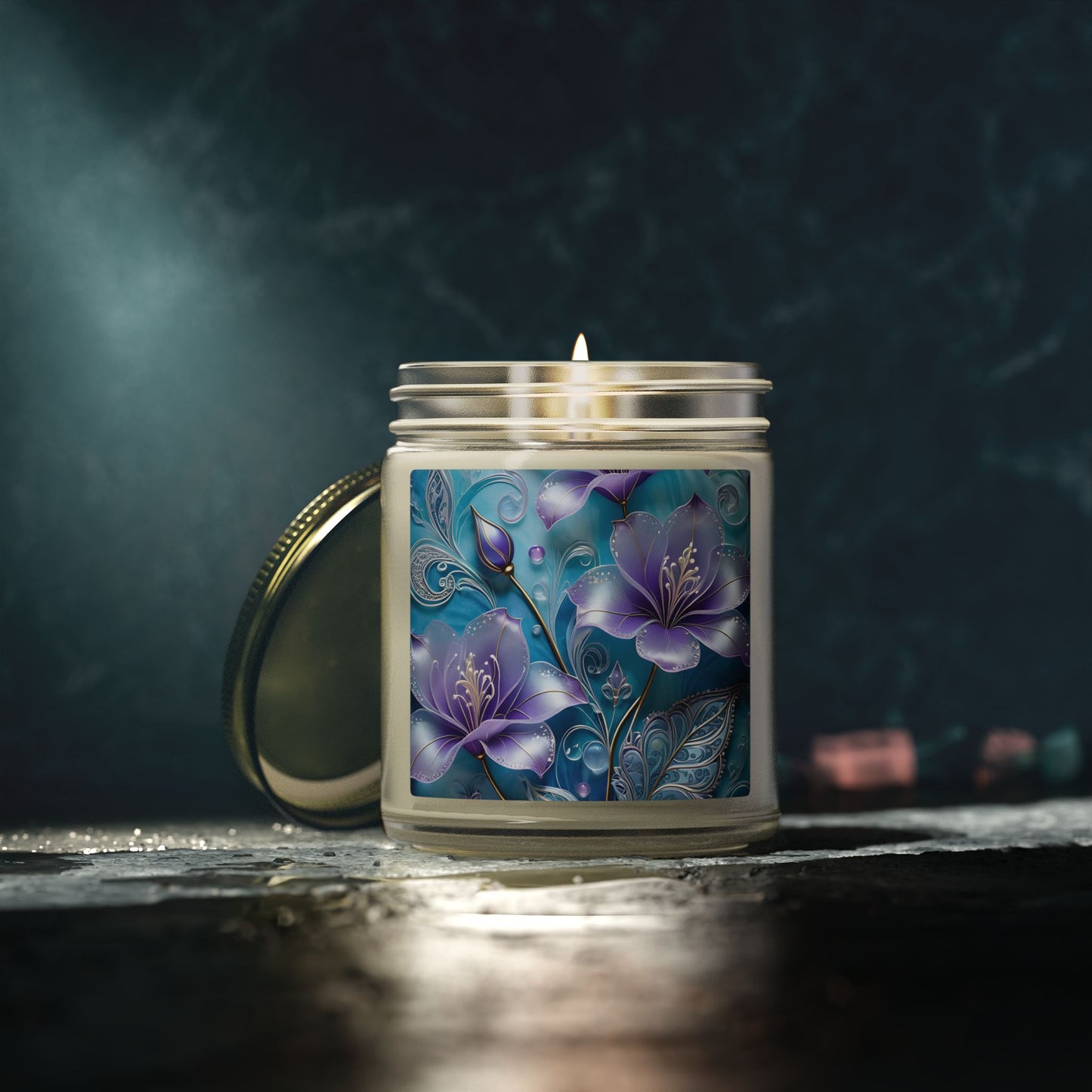 Scented Candle — Coconut Apricot Wax (4oz & 9oz) with Blue Floral Art