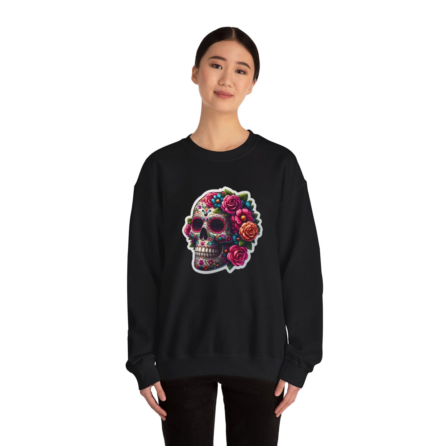 Sugar Skull Crewneck Sweatshirt — Floral Day of the Dead Graphic