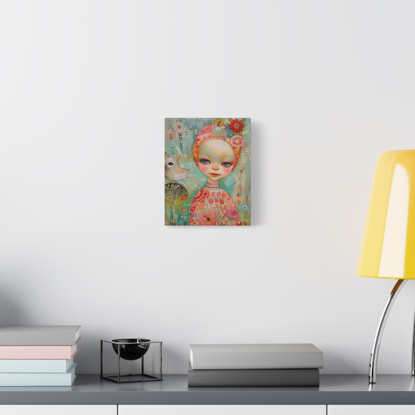 Whimsical Girl & Bird Matte Canvas Wall Art — Stretched Decorative Painting