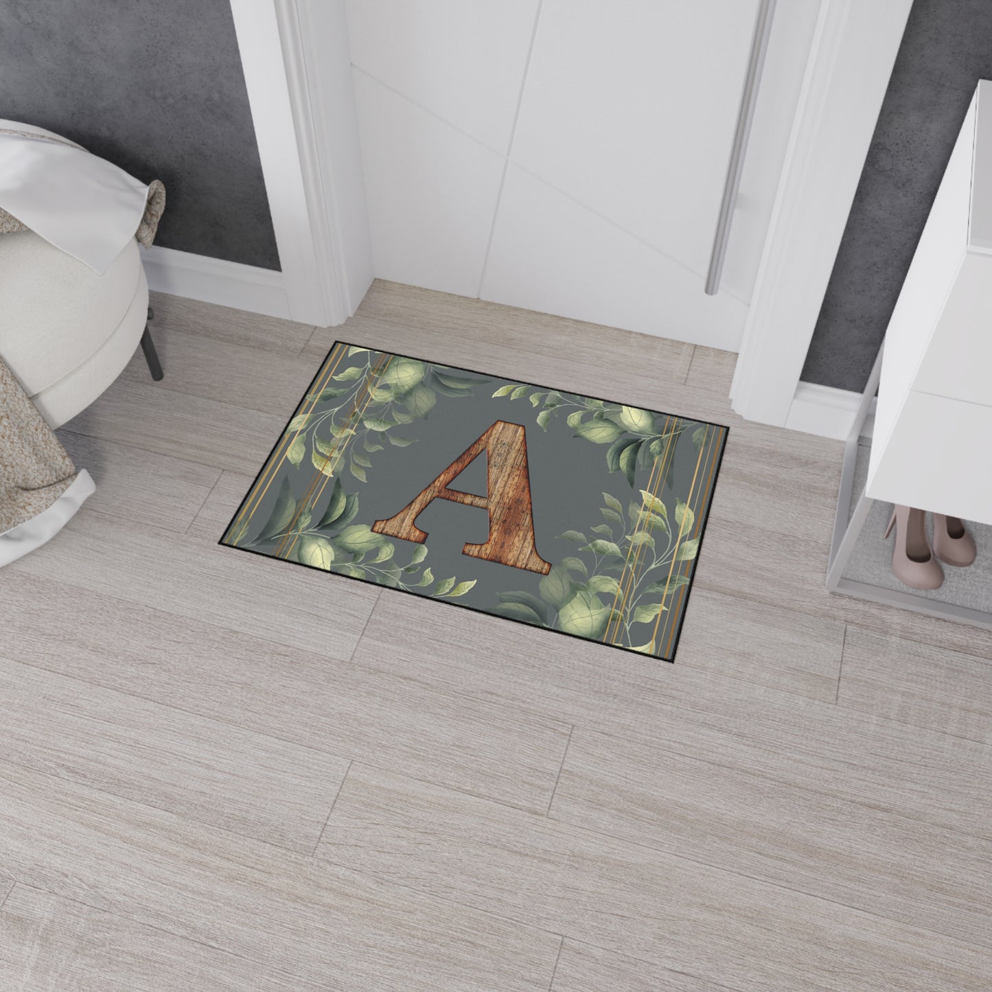 Personalized Monogram Floor Mat - Rustic Wood 'A' with Greenery Welcome Rug - Letter A