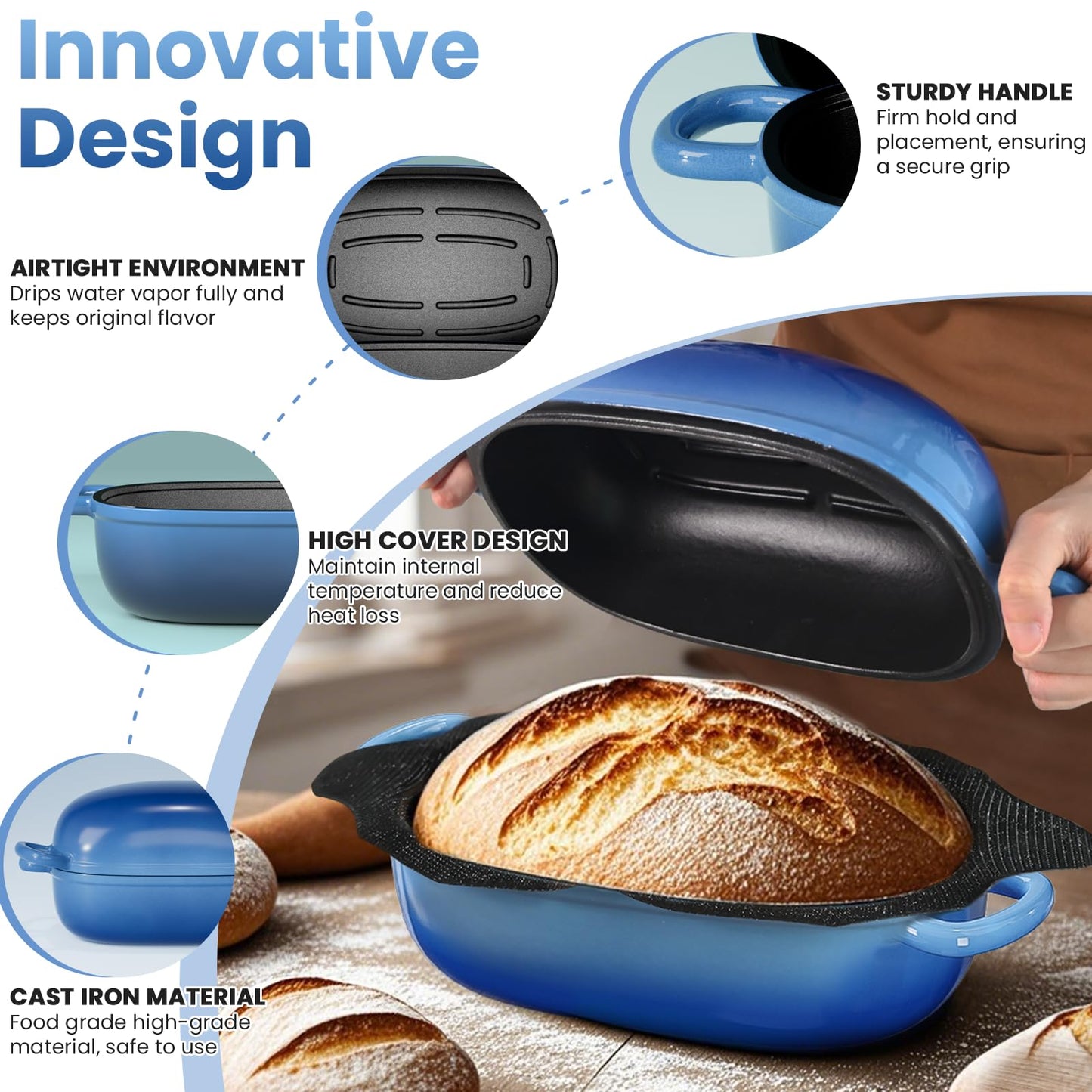 Cast Iron Dutch Bread Oven - 2.5QT Dutch Oven for Sourdough Bread Baking, Cast Iron Bread Loaf Pan with Perforated Non-Stick Silicone Liner, Blue Oval Bread Baking Pan, Gift for Family & Baker