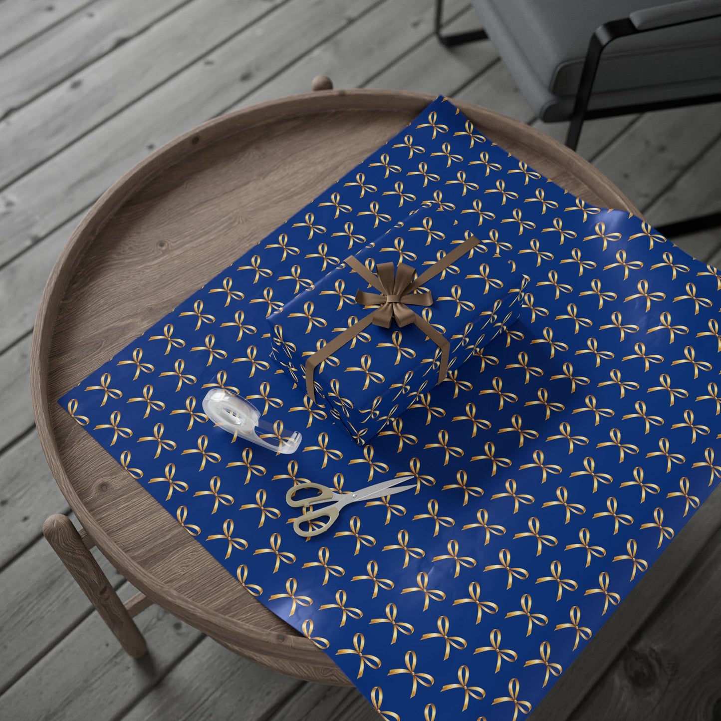 Wrapping Paper — Blue Gift Wrap with Gold Ribbon Pattern