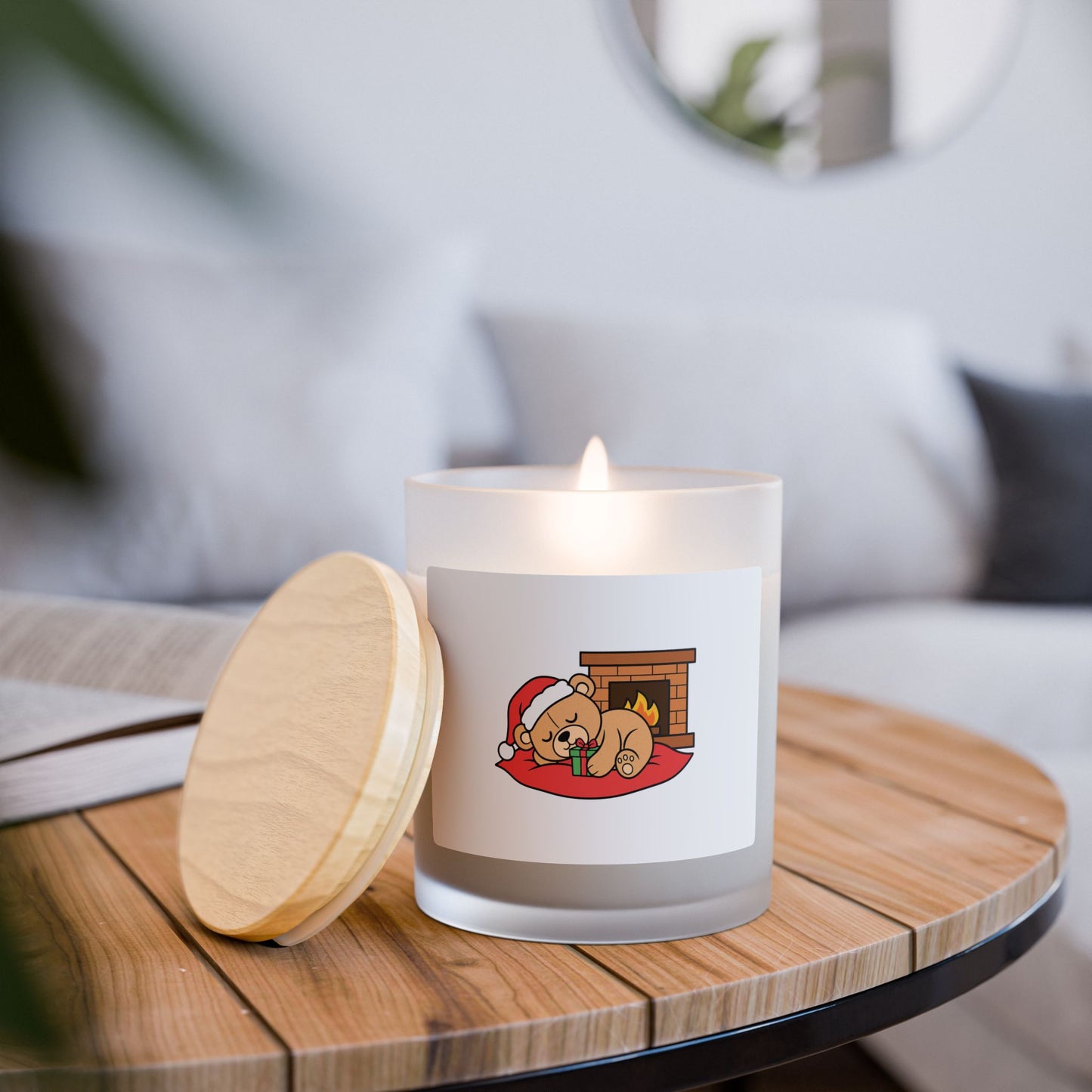 Holiday Bear Candle — 11oz Frosted Glass Christmas Scented Candle with Sleeping Teddy by Fireplace