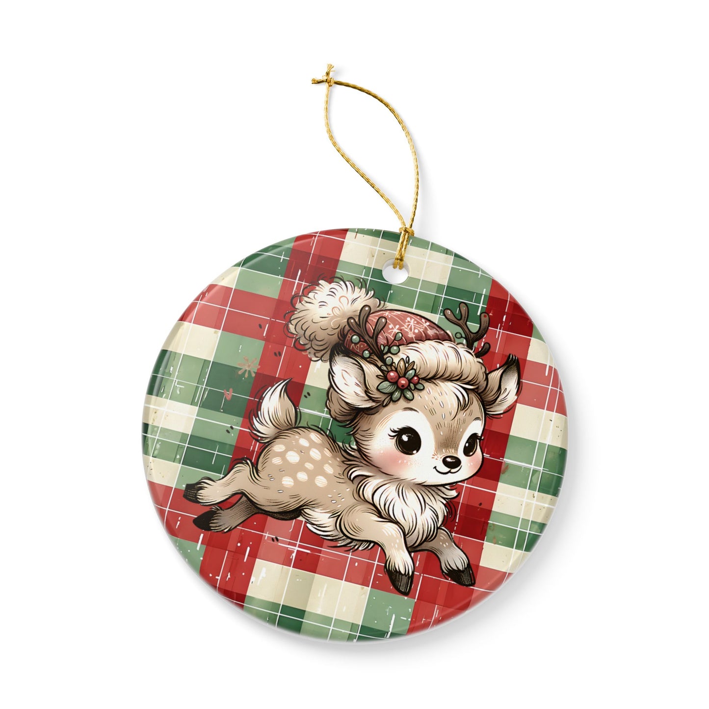 Cute Reindeer Plaid Ceramic Christmas Ornament (Double-Sided)