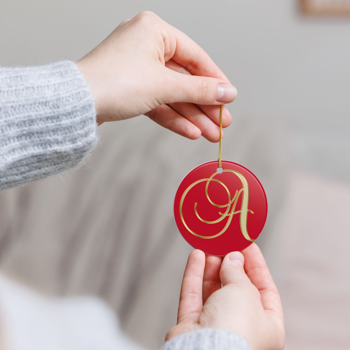 Monogram A Ceramic Ornament — Red & Gold Initial Holiday Decoration