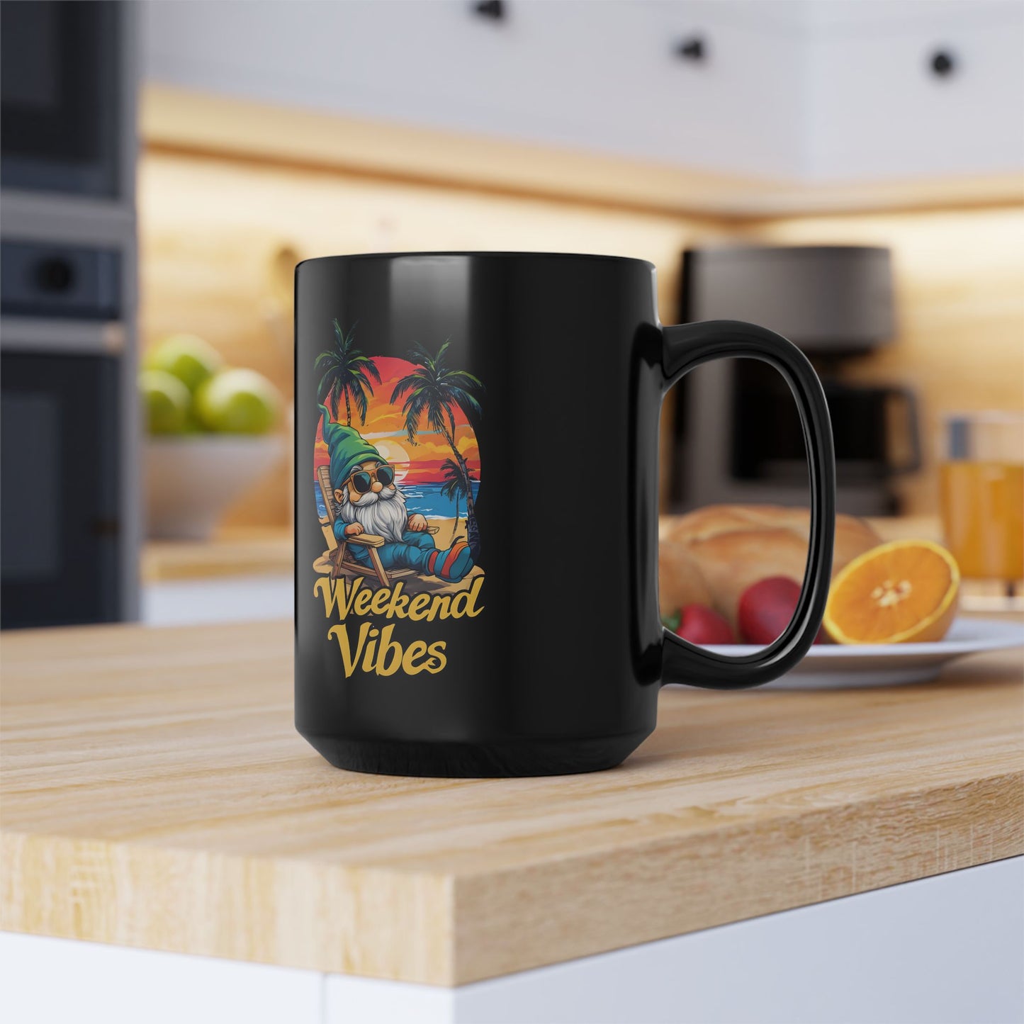 Weekend Vibes Mug — Tropical Sunset Gnome 15oz Black Coffee Cup