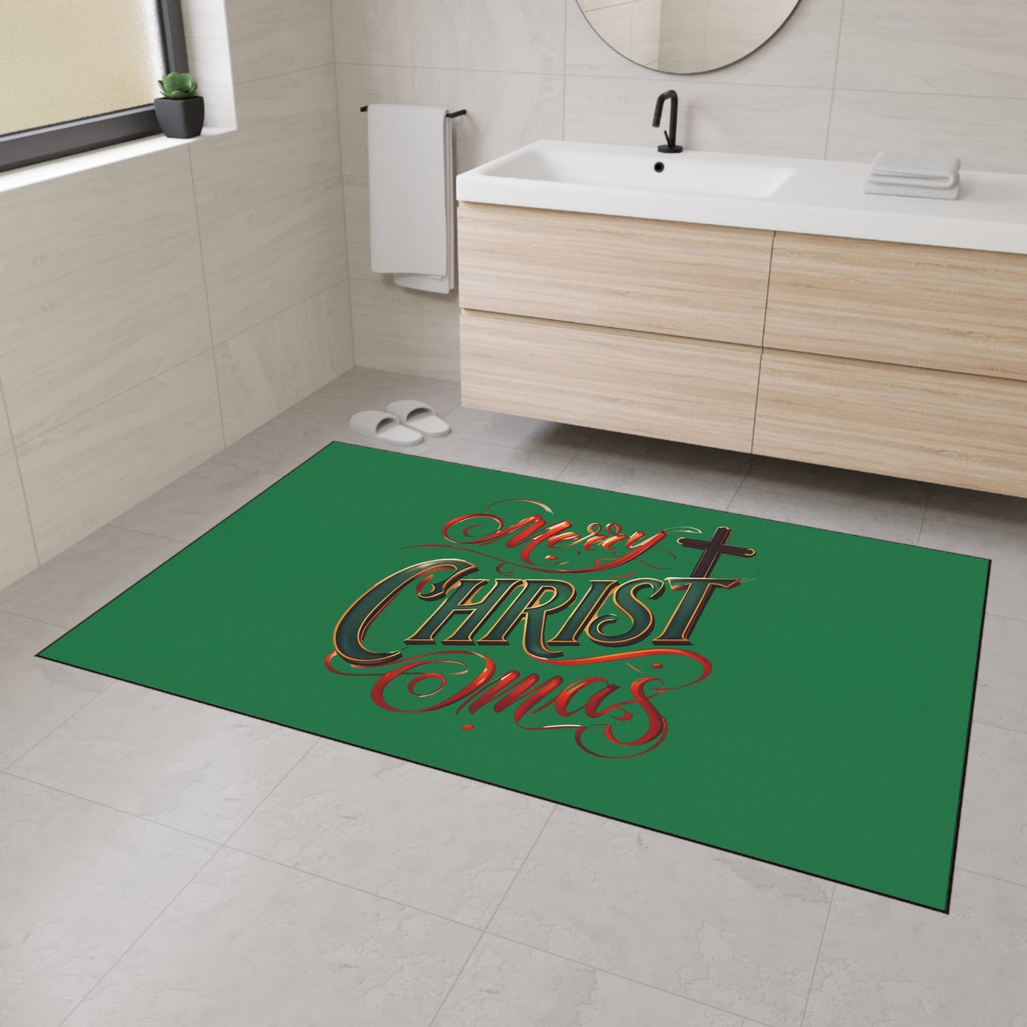 Christmas Floor Mat - "Merry Christmas" Script with Cross, Heavy-Duty Holiday Doormat