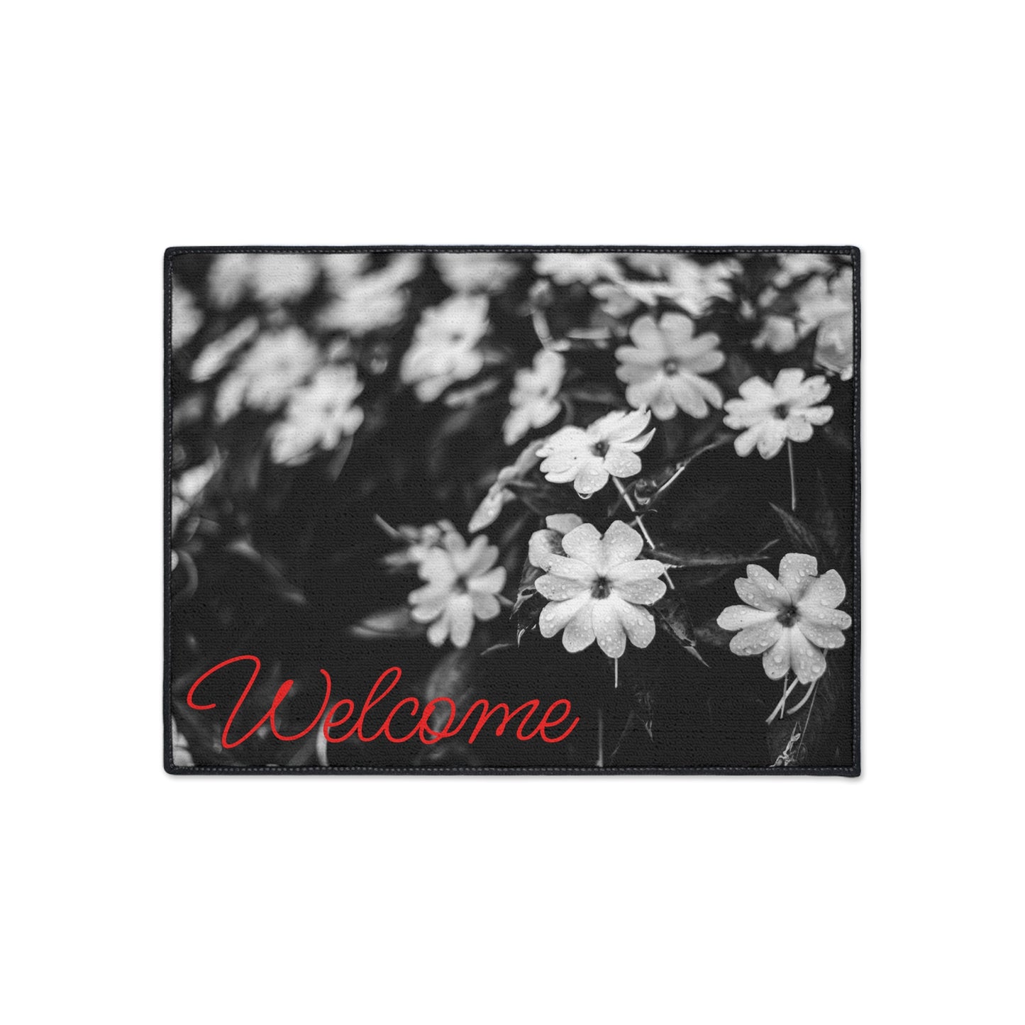 Welcome Floral Heavy-Duty Floor Mat — Black & White Daisy Doormat