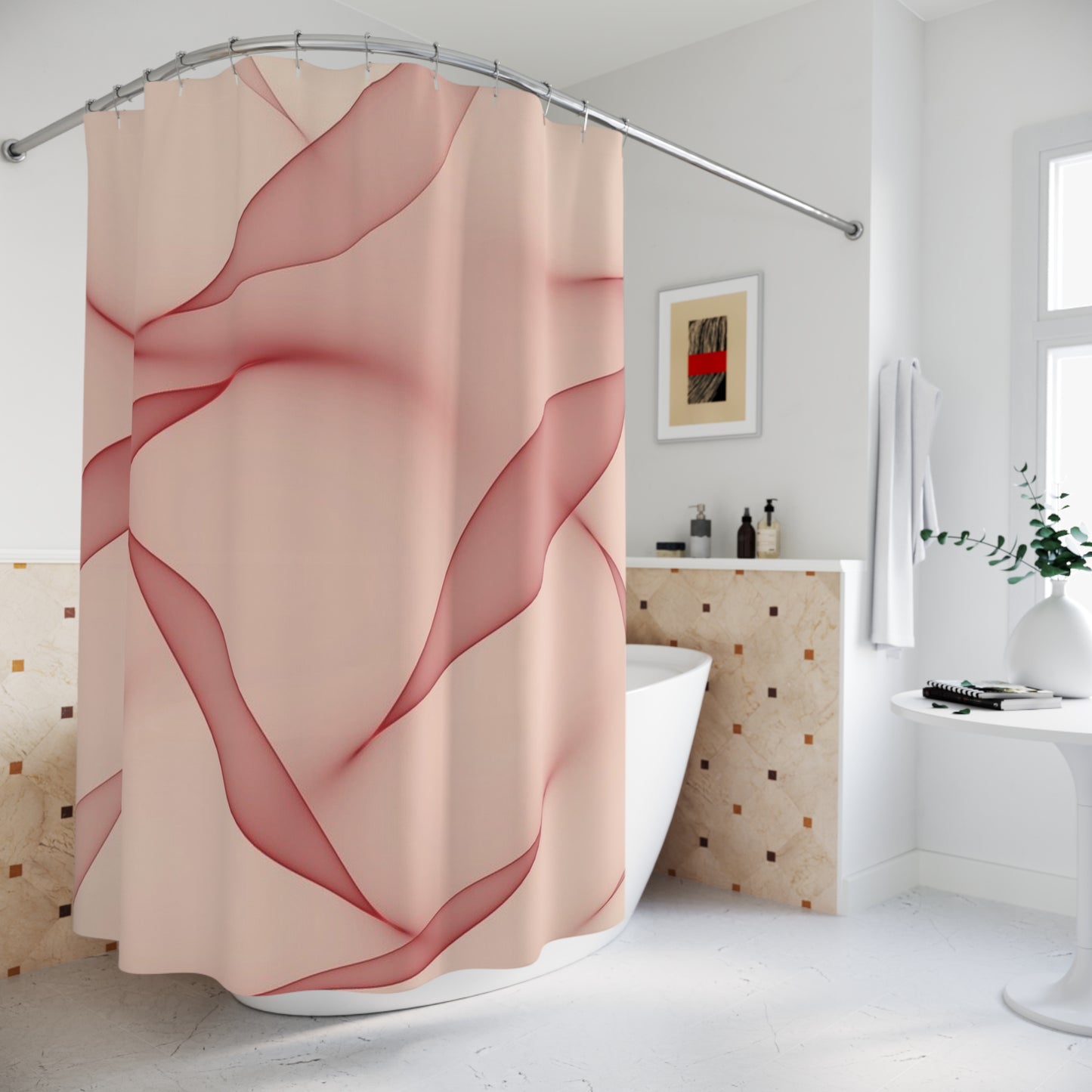 Blush Wave Shower Curtain — Soft Pink Abstract Bathroom Decor