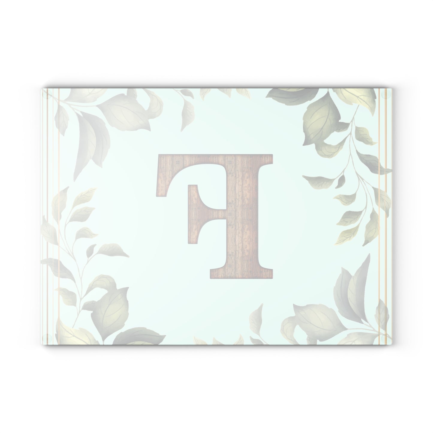 Monogram Glass Cutting Board – Rustic Wood 'F' with Greenery Border