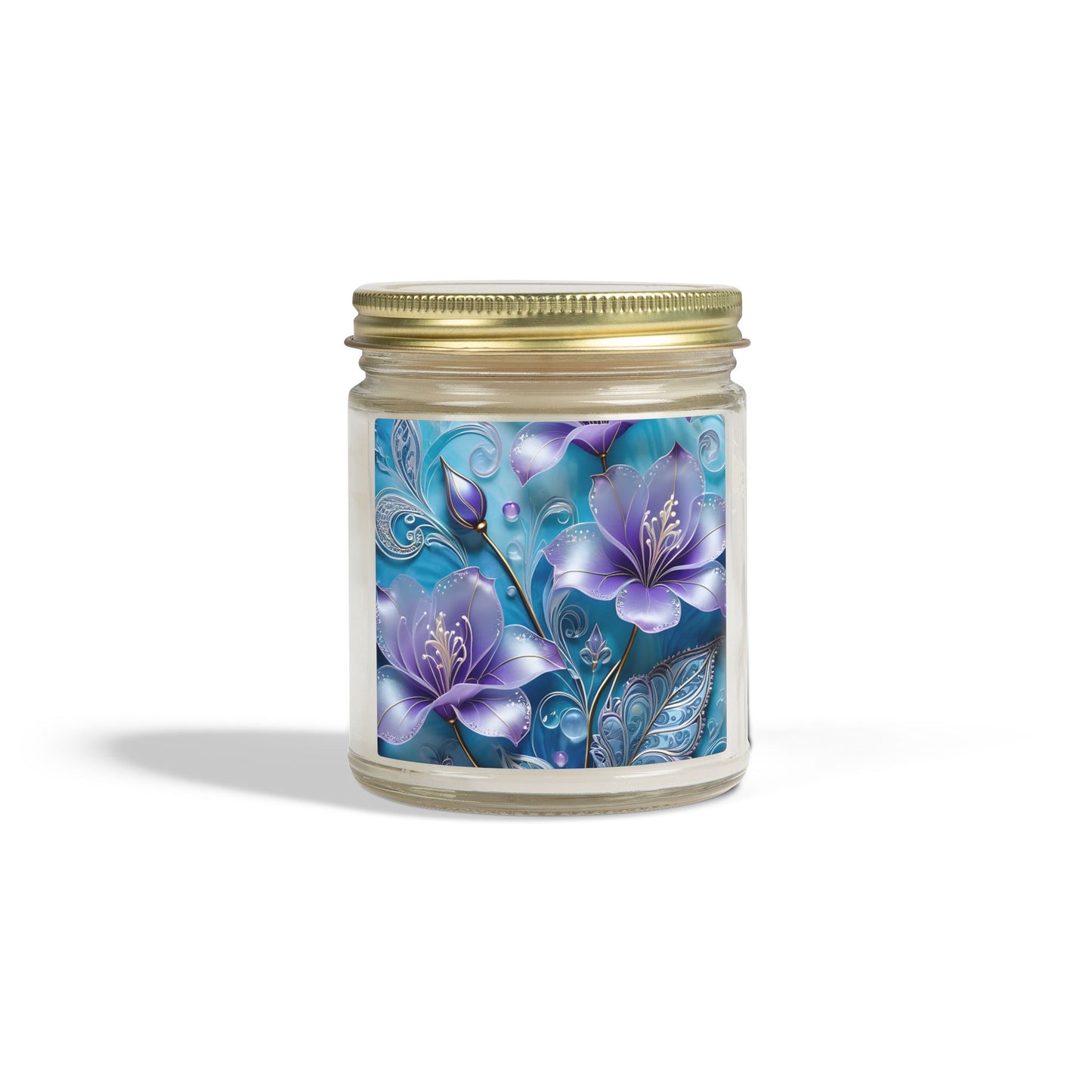 Scented Candle — Coconut Apricot Wax (4oz & 9oz) with Blue Floral Art