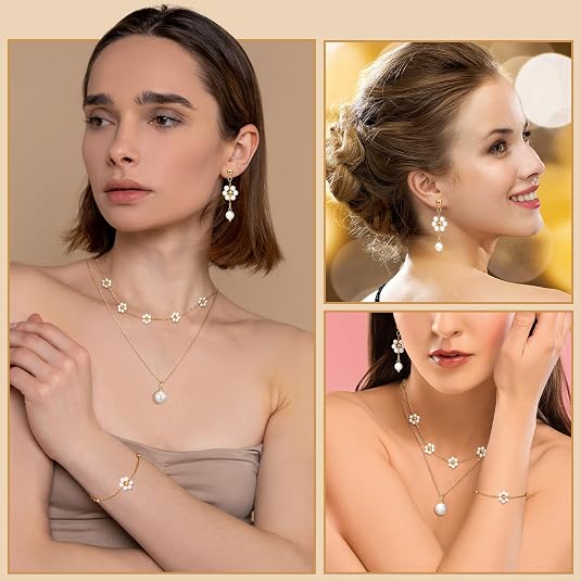 Tondiamo 5 Pcs Gold Jewelry Set for Women Daisy Pearl Jewelry Wedding Pearl