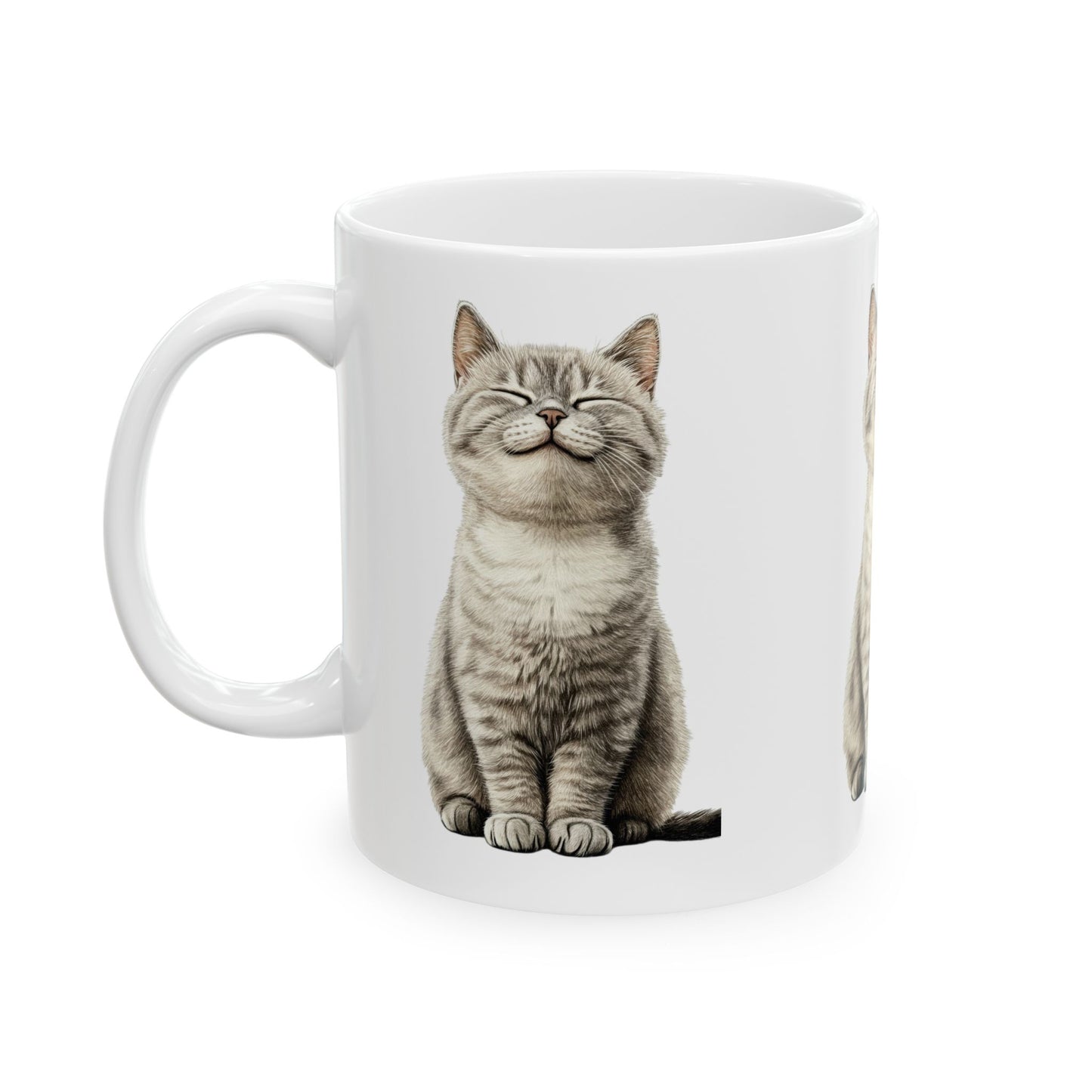 Smiling Grey Tabby Cat Ceramic Mug — Cute Cat Lover Coffee Cup (11oz & 15oz)