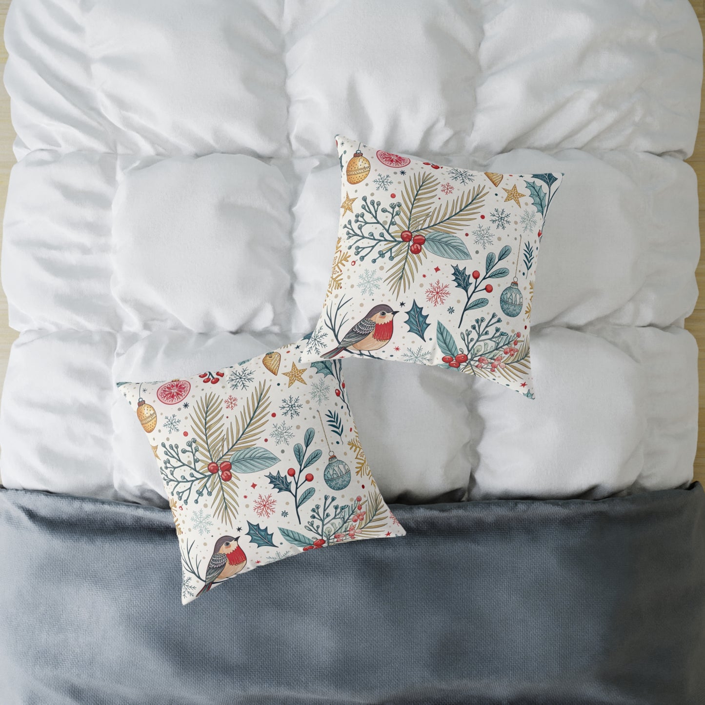 Festive Robin Holiday Pillow — Christmas Botanical Decorative Throw Pillow