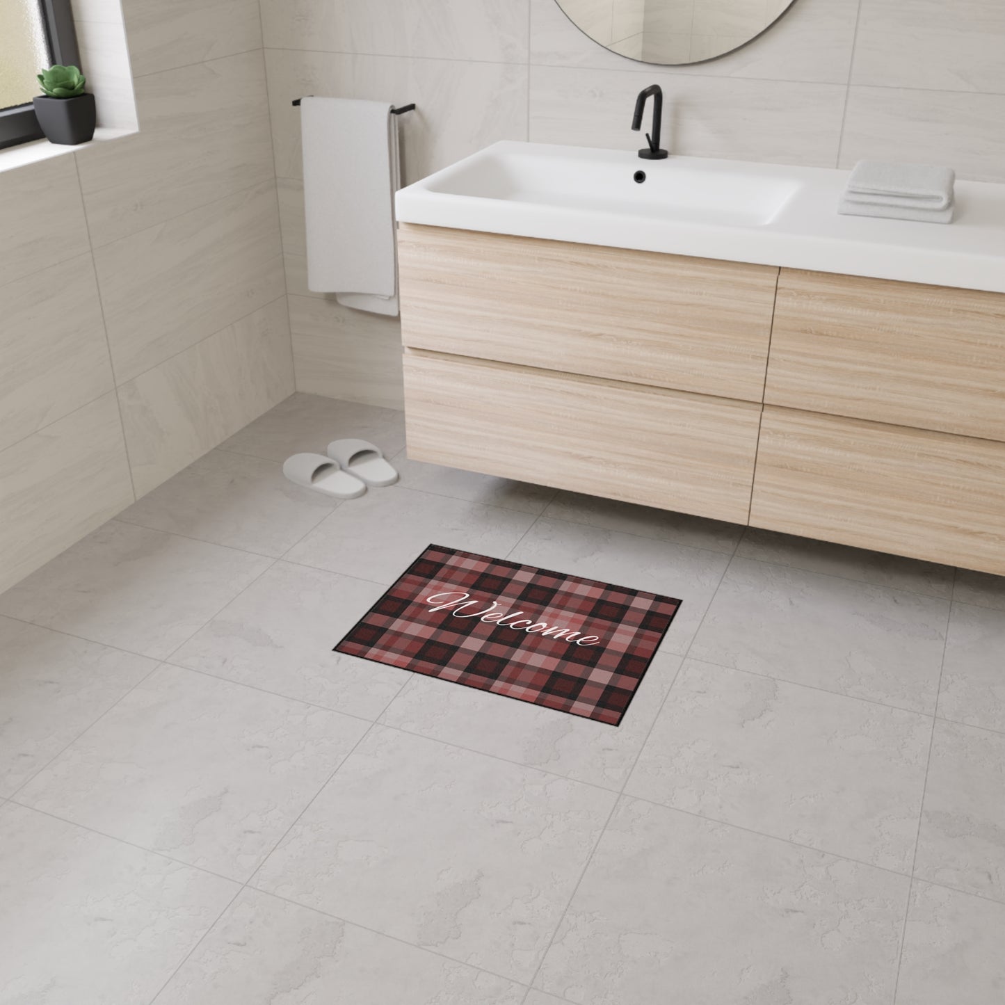 Welcome Plaid Heavy-Duty Floor Mat — Red Buffalo Check Doormat