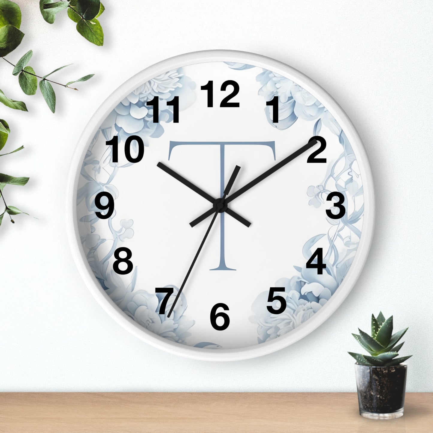 Monogram T Floral Wall Clock — Elegant Blue Initial T Home Decor