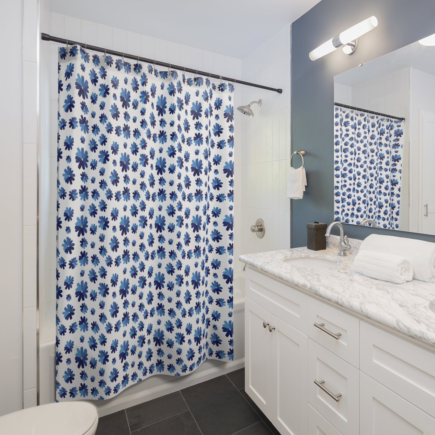 Floral Print Shower Curtain - Vibrant Bathroom Decor, Blue and White, Modern Home Accessory, Gift Idea for Housewarming, Nature Inspired