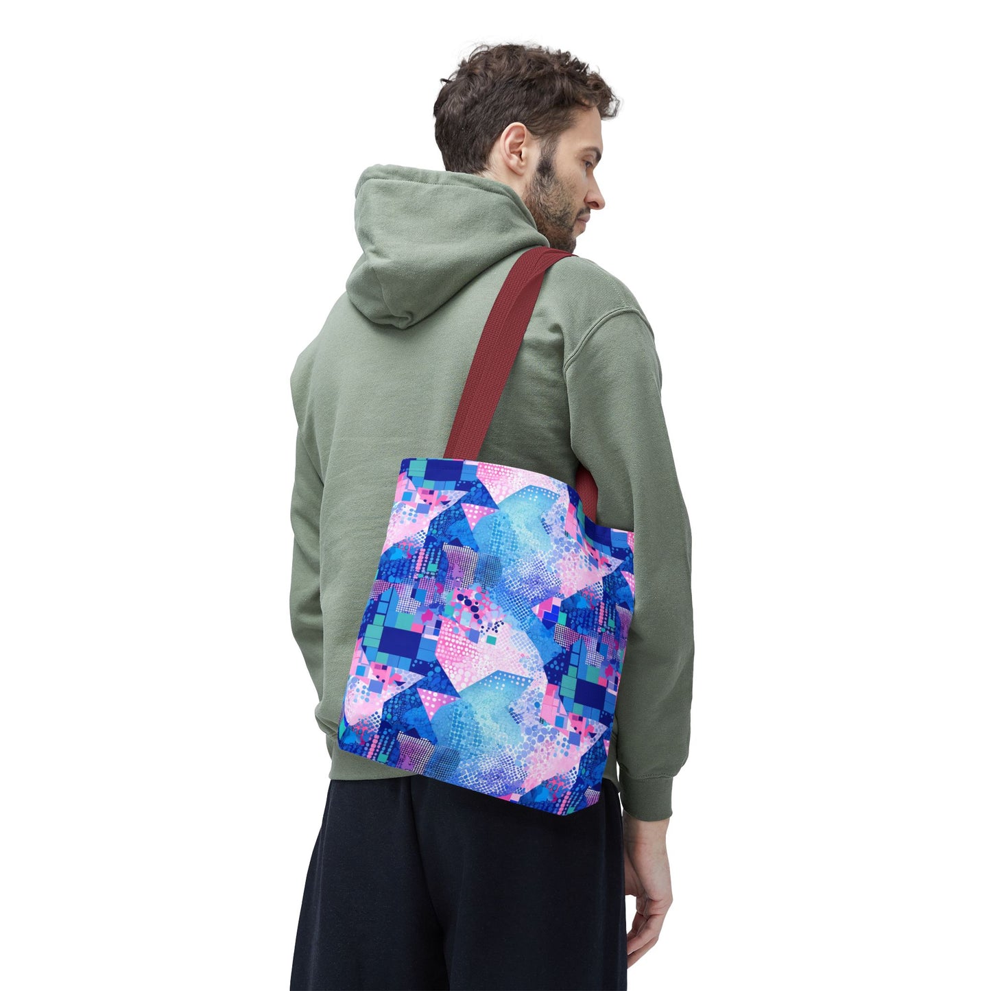 Abstract Blue Pink Geometric Tote Bag — Colorful Patterned All-Over Print Tote