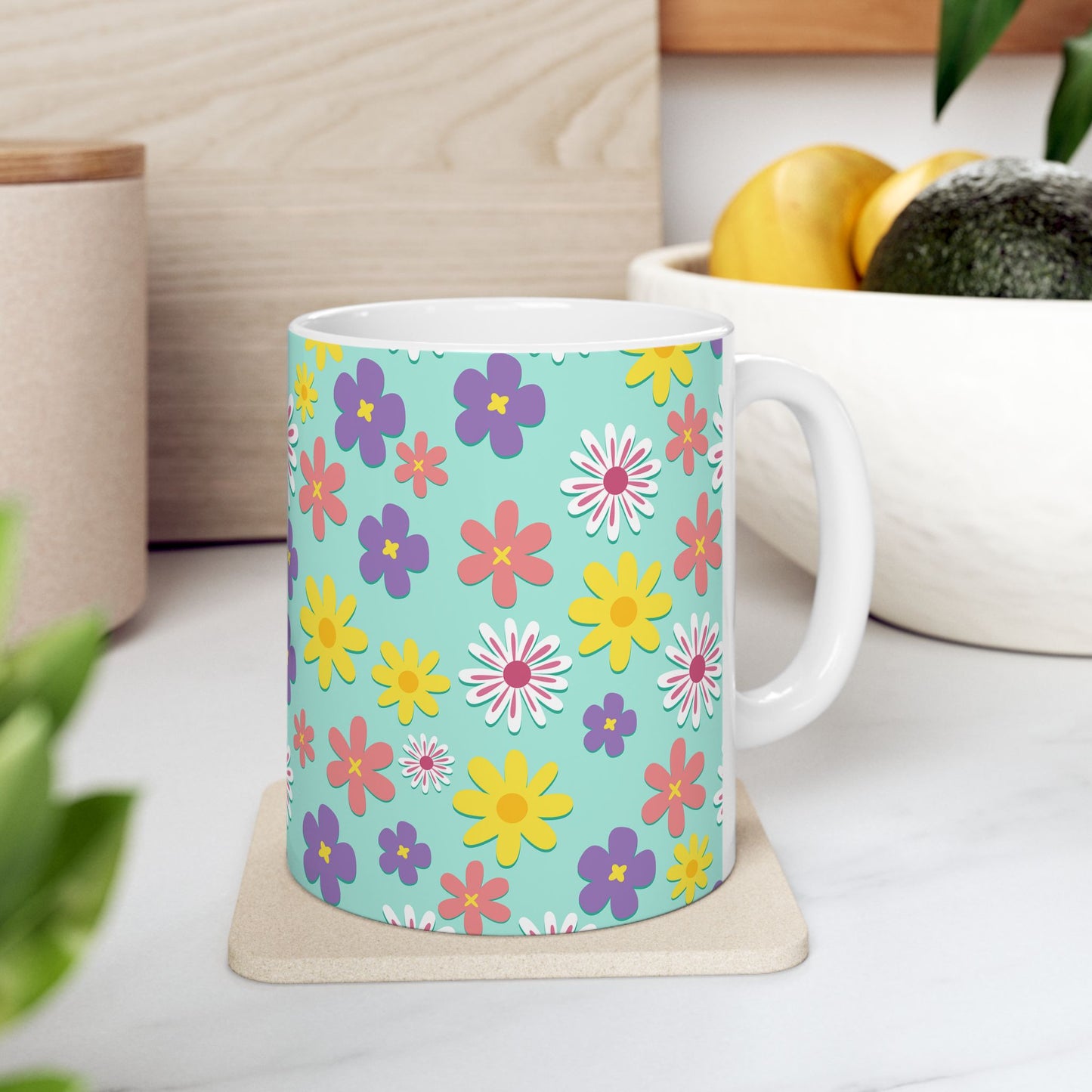 Turquoise Floral Pattern Mug — Colorful Daisy Coffee Cup (11oz & 15oz)