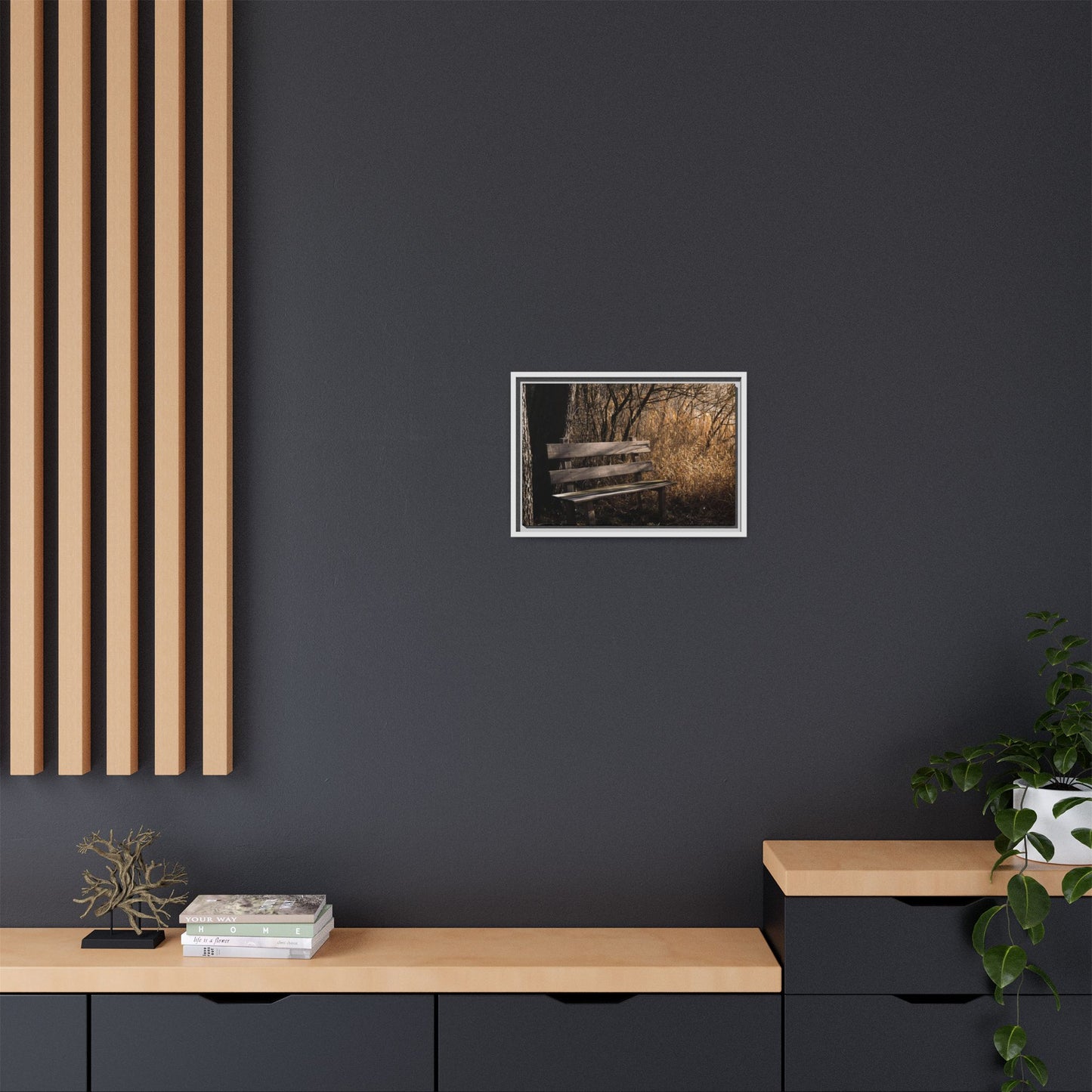Framed Matte Canvas Print — Autumn Park Bench Photography