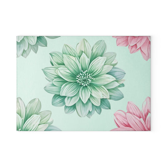 Floral Glass Cutting Board — Pastel Succulent Dahlia Kitchen Board