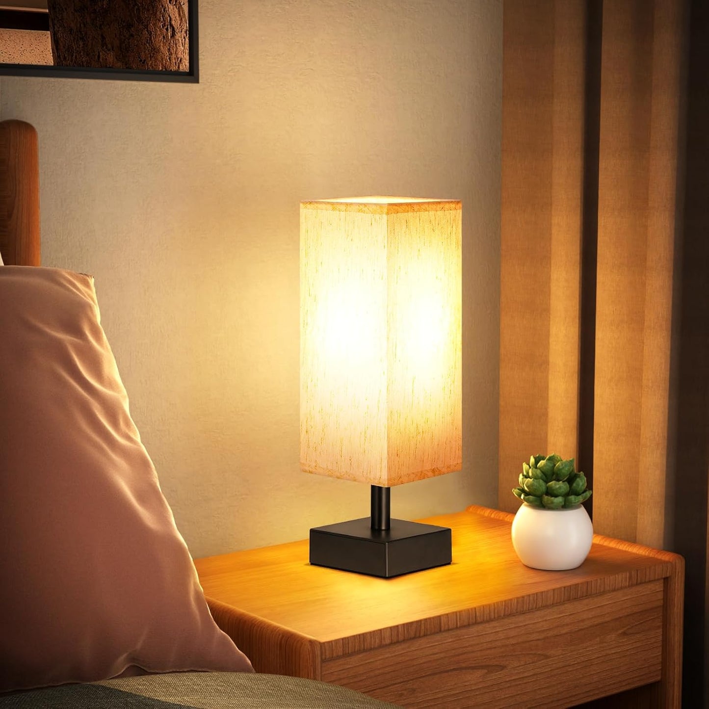 aooshine Small Table Lamp for Bedroom - Bedside Lamps for Nightstand, Minimalist Night Stand Light Lamp with Square Fabric Shade, Desk Reading Lamp for Kids