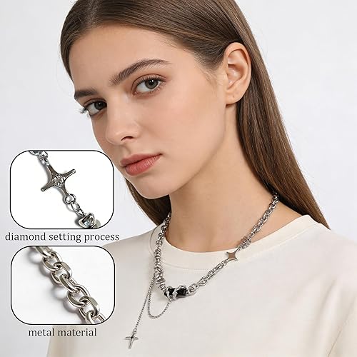 Y2K Necklace for Men, Silver Star and Moon Pendant Necklace for Women, Stainless Steel Cool Necklaces Punk Necklaces Jewelry