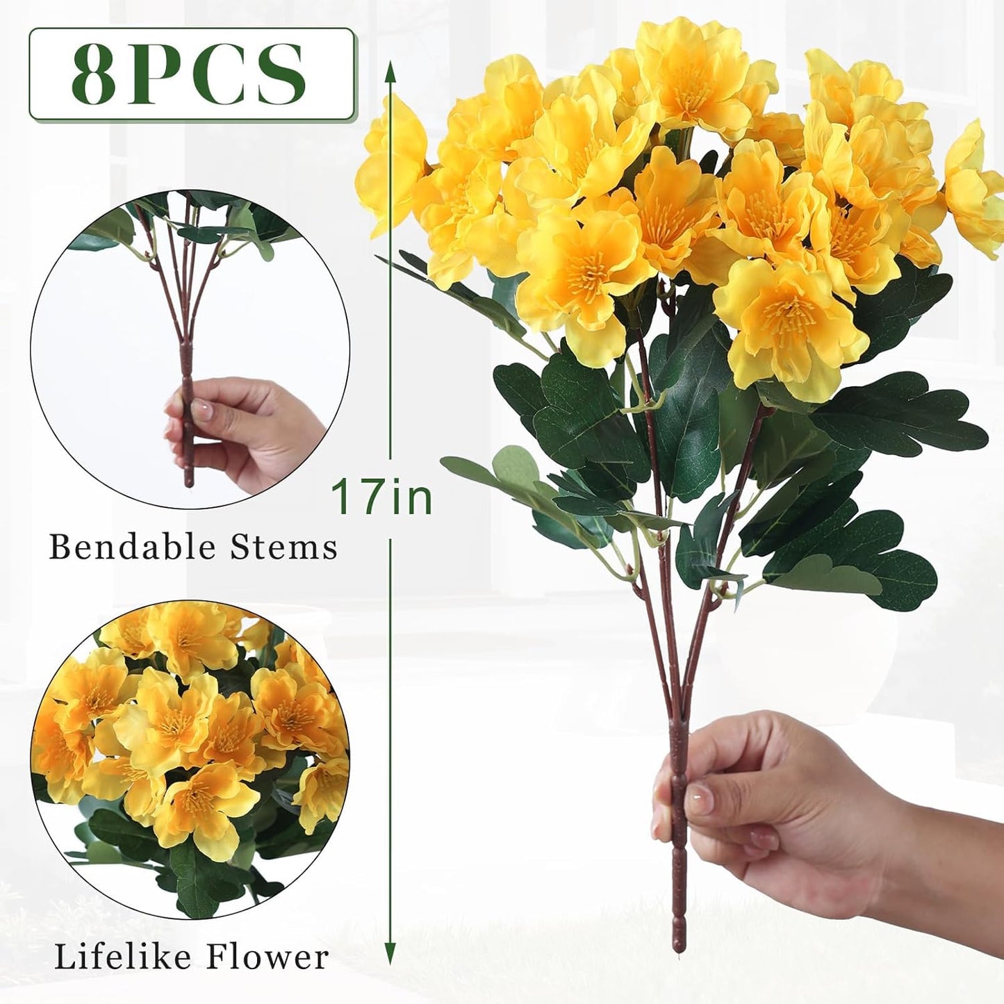 Juxdp 8 Bundles Artificial Camellia for Front Door Outside - Faux UV Resistant Real Looking Camellia Flowers Fake Silk Bouquets Plants for Garden Window