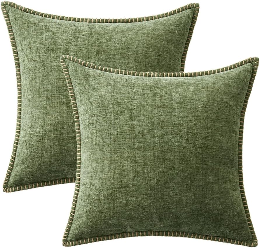 2 Pk - Sage Green Farmhouse Decorative Pillows with inserts Stitched Edge Soft Chenille Solid Dyed Summer