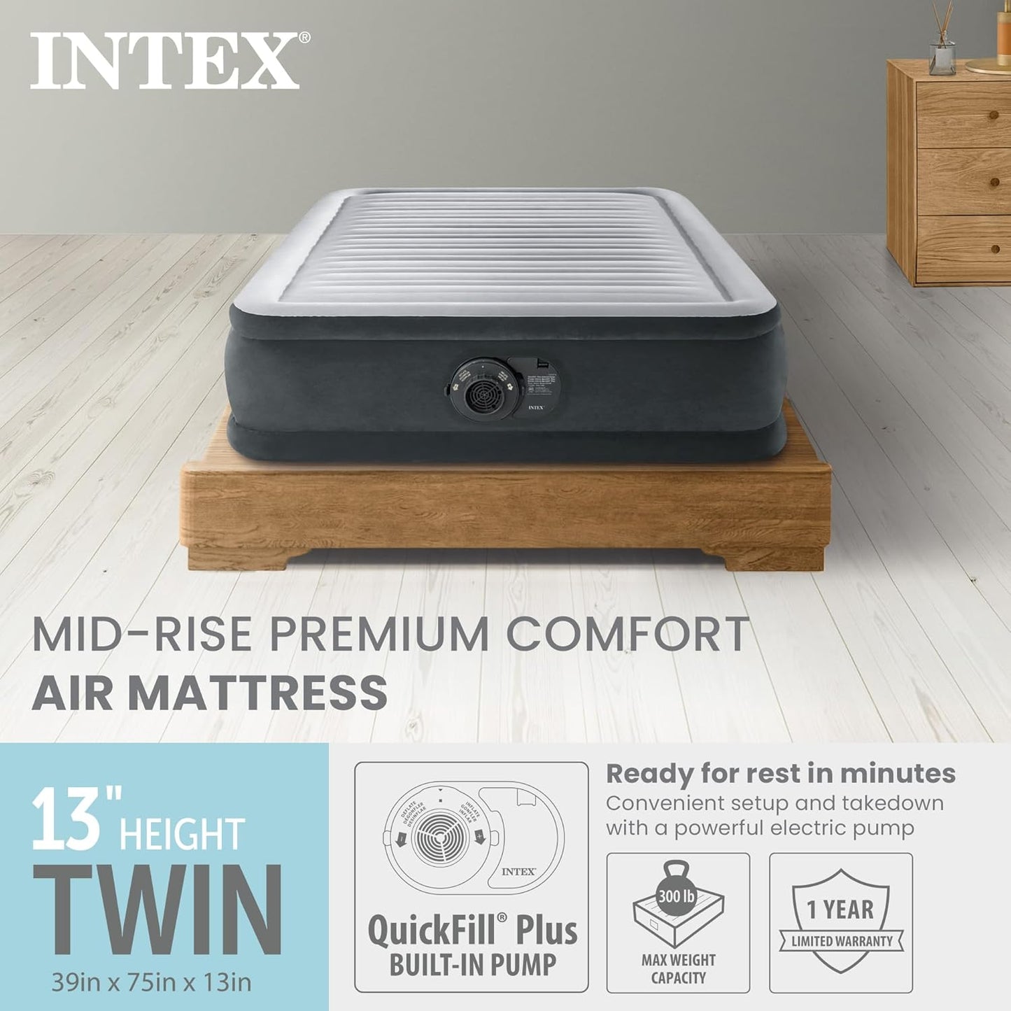 INTEX 67765ED Dura-Beam Deluxe Comfort-Plush Mid-Rise Air Mattress : Fiber-Tech – Twin Size – Built-in Electric Pump – 13in Bed Height – 300lb Weight Capacity