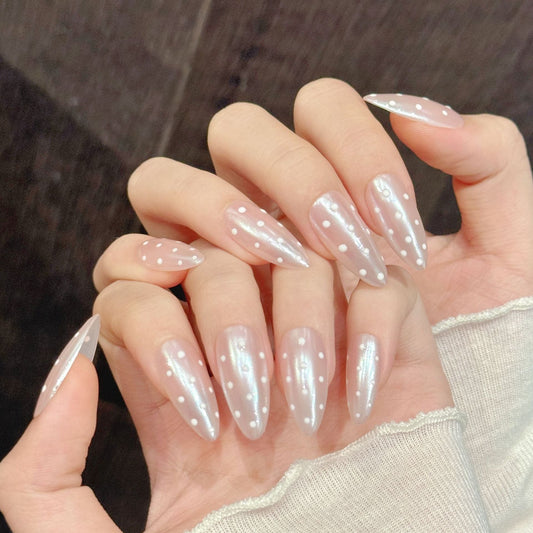 365nails: "Nude Polka Dream" – Translucent Pearl Dot Handmade Almond Nails – Image 2